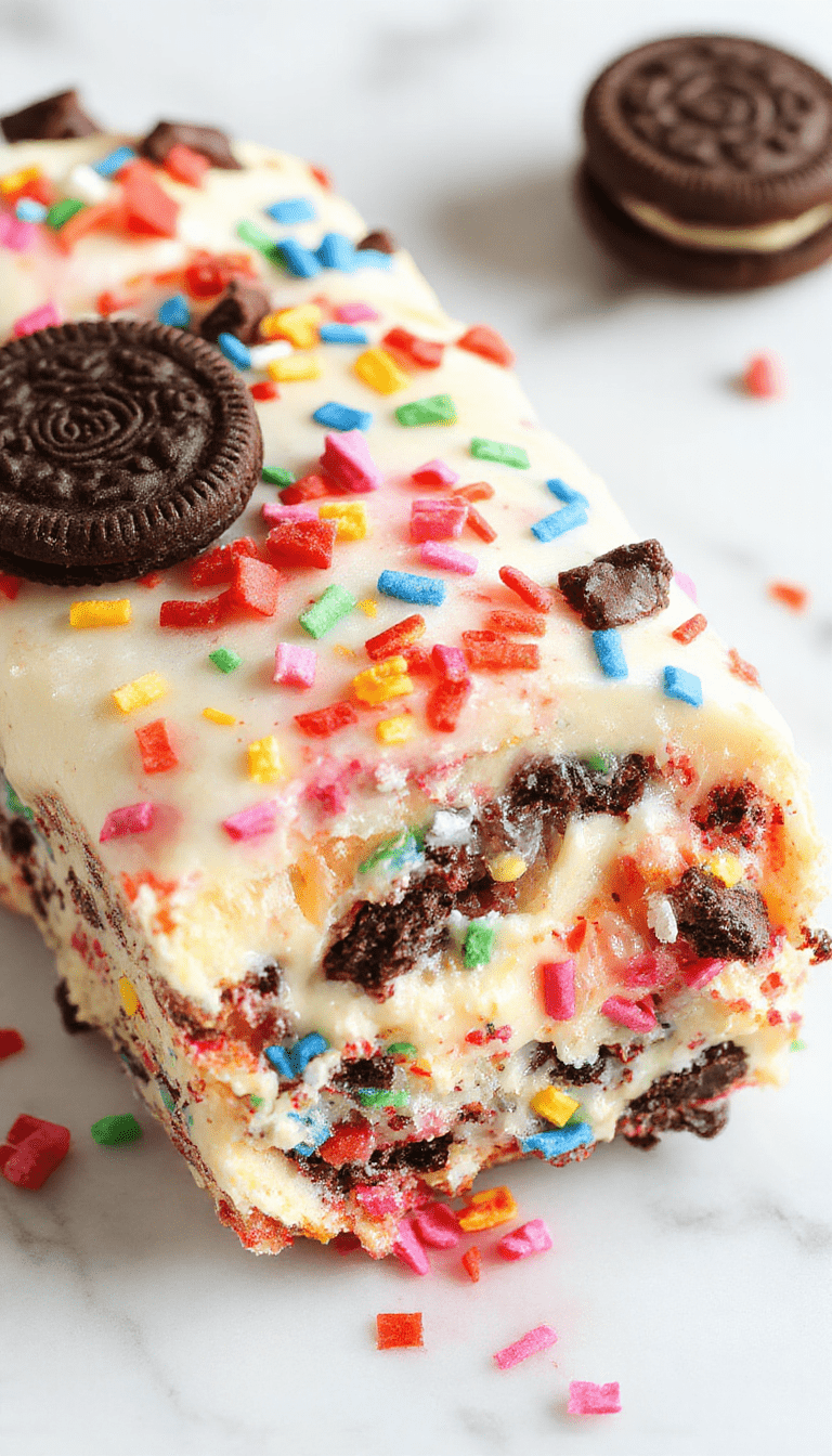 A vibrant layered dessert featuring colorful funfetti cake layers and crushed Oreo cookies, decorated with sprinkles on a white plate with a silver fork beside, set against a bright pastel background, showcasing the creamy texture and playful presentation.