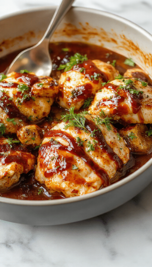 A vibrant close-up of a plated balsamic chicken dish featuring golden-brown chicken breasts glazed with a rich balsamic reduction, garnished with fresh herbs, surrounded by roasted vegetables with caramelized edges, all on a rustic white plate set on a wooden table with natural lighting highlighting the glossy sauce and crispy textures.