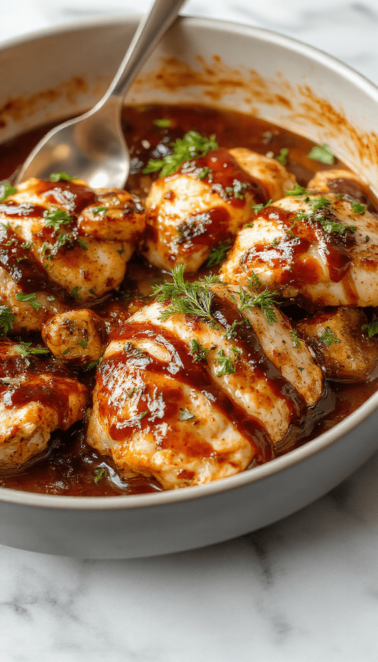 A vibrant close-up of a plated balsamic chicken dish featuring golden-brown chicken breasts glazed with a rich balsamic reduction, garnished with fresh herbs, surrounded by roasted vegetables with caramelized edges, all on a rustic white plate set on a wooden table with natural lighting highlighting the glossy sauce and crispy textures.