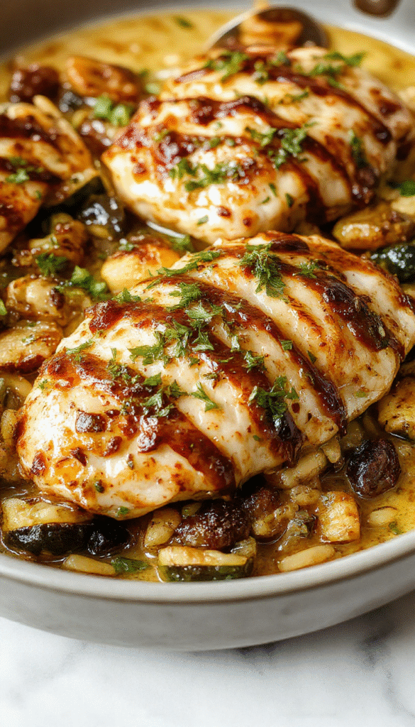 A vibrant, colorful plate featuring tender balsamic-glazed chicken atop fluffy orzo pasta mixed with roasted vegetables like cherry tomatoes, zucchini, and bell peppers. The dish is beautifully plated on a rustic white ceramic plate, garnished with fresh herbs, with a drizzle of balsamic reduction for shine and flavor. The scene exudes warmth and freshness, perfect for a comforting yet elegant meal.