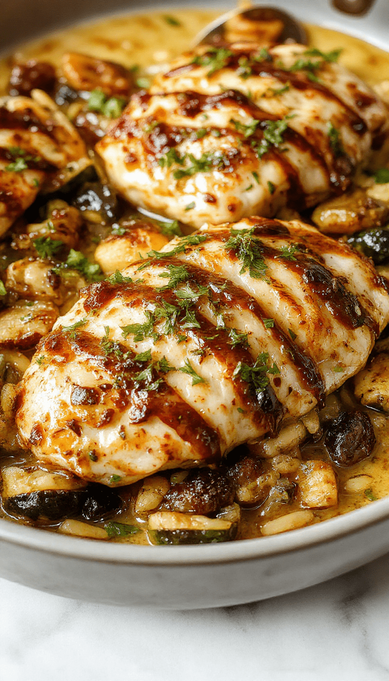 A vibrant, colorful plate featuring tender balsamic-glazed chicken atop fluffy orzo pasta mixed with roasted vegetables like cherry tomatoes, zucchini, and bell peppers. The dish is beautifully plated on a rustic white ceramic plate, garnished with fresh herbs, with a drizzle of balsamic reduction for shine and flavor. The scene exudes warmth and freshness, perfect for a comforting yet elegant meal.