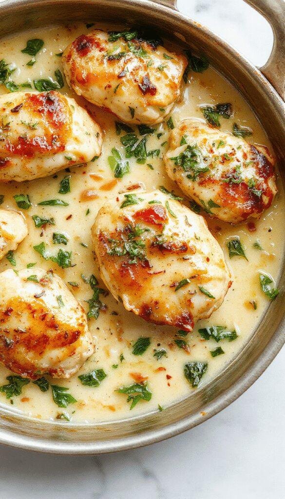 A delicious One-Pan Creamy Spinach Chicken served on a white plate, with tender chicken breasts topped with creamy spinach and melted cheese, garnished with herbs.