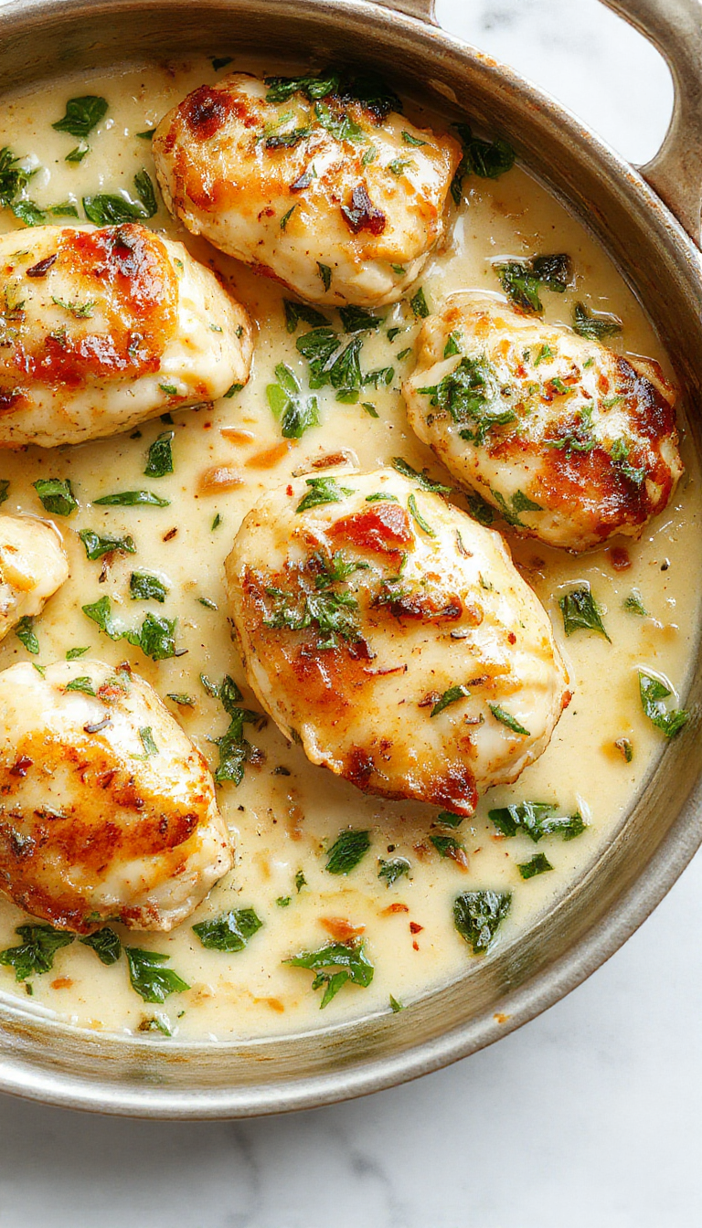 A delicious One-Pan Creamy Spinach Chicken served on a white plate, with tender chicken breasts topped with creamy spinach and melted cheese, garnished with herbs.