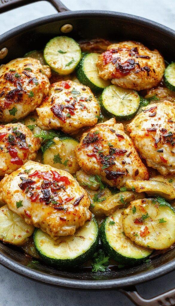 A vibrant plate of One-Pan Mediterranean Chicken and Zucchini garnished with fresh herbs, showcasing tender chicken pieces and colorful zucchini slices.