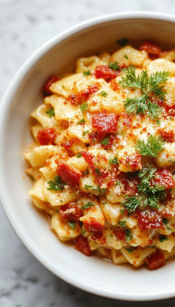 A steaming bowl of creamy one-pot cheesy orzo garnished with fresh herbs and crispy topping, ready for a comforting weeknight dinner.