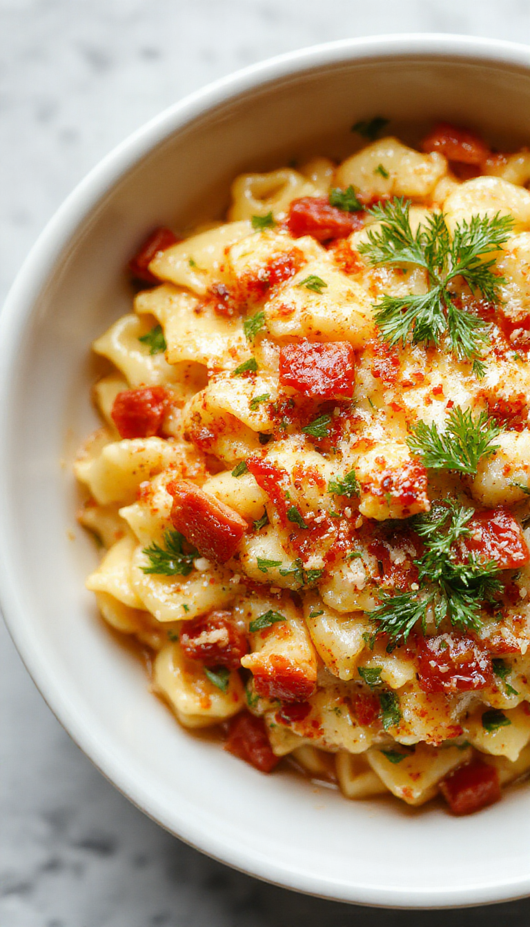 A steaming bowl of creamy one-pot cheesy orzo garnished with fresh herbs and crispy topping, ready for a comforting weeknight dinner.