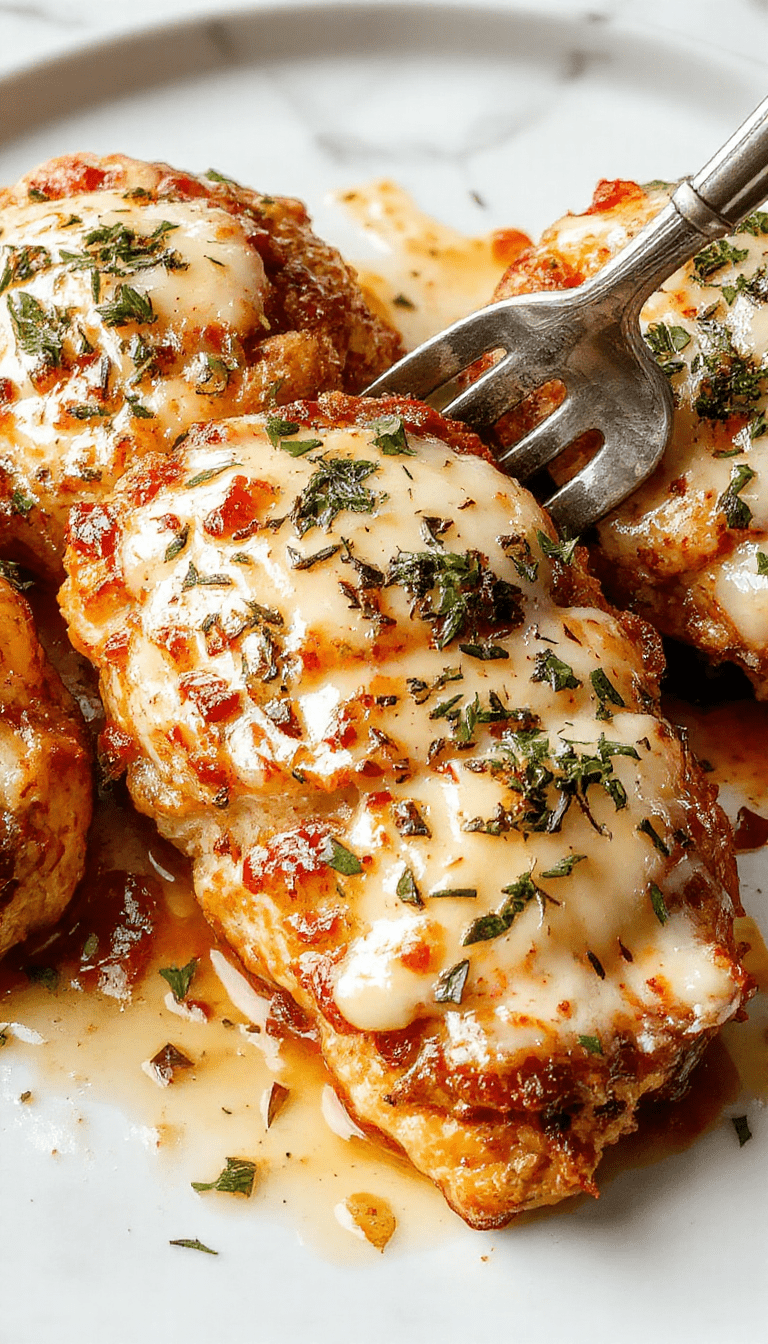 A golden-brown baked chicken Parmesan served on a white plate, topped with melted mozzarella and marinara sauce, garnished with fresh basil, with a side of spaghetti and a vibrant tomato salad, styled on a rustic wooden table