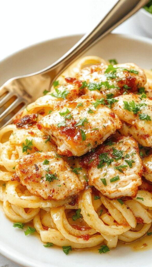 A plate of steaming Parmesan Chicken Pasta, garnished with fresh herbs and shredded cheese, showcasing golden chicken pieces and creamy pasta