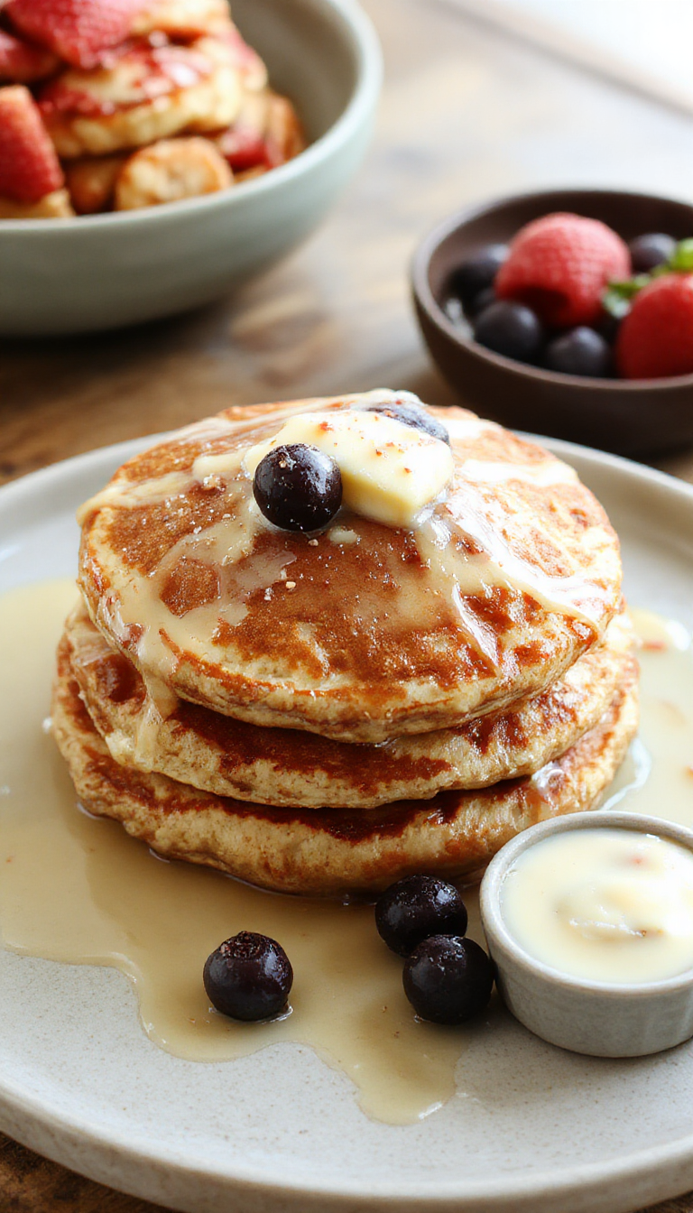 A stack of fluffy Pillowy Paradise Pancakes topped with fresh berries and maple syrup, radiating a warm, inviting breakfast vibe.
