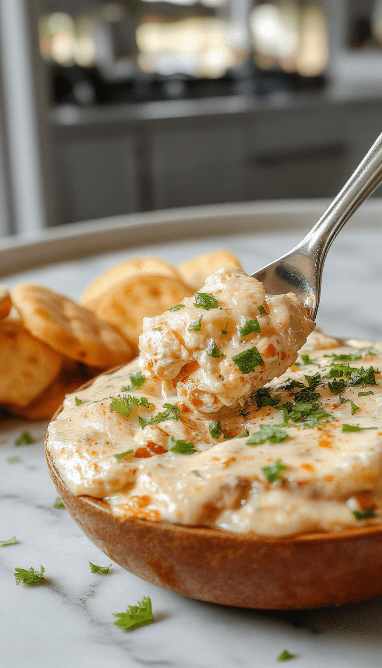 A vibrant bowl of creamy chicken dip topped with melted cheese, garnished with chopped green onions and crispy tortilla chips around a colorful wooden platter, bright lighting highlighting the smooth texture and inviting presentation.