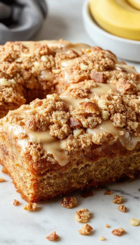 A freshly sliced Practically Perfect Banana Crumb Cake with a golden crumb topping, revealing moist banana cake layers inside.