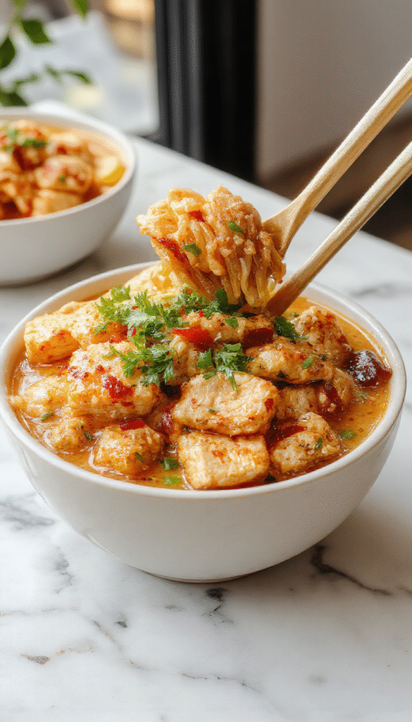 Colorful chicken ramen stir fry served in a white bowl, featuring tender sliced chicken, vibrant vegetables like bell peppers and snap peas, topped with sesame seeds and green onions, with glossy sauce coating the ingredients and a pair of chopsticks resting on the side.