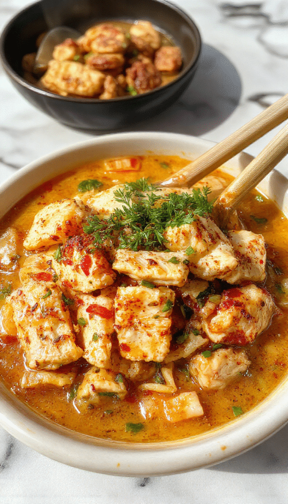 Colorful chicken ramen stir fry served in a white bowl, featuring tender chicken slices, vibrant vegetables, glossy noodles, and a savory sauce, styled with fresh herbs on a sleek wooden table.