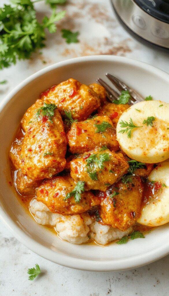 A vibrant plate of homemade butter chicken garnished with fresh herbs, served with steaming basmati rice and naan bread on a rustic table.