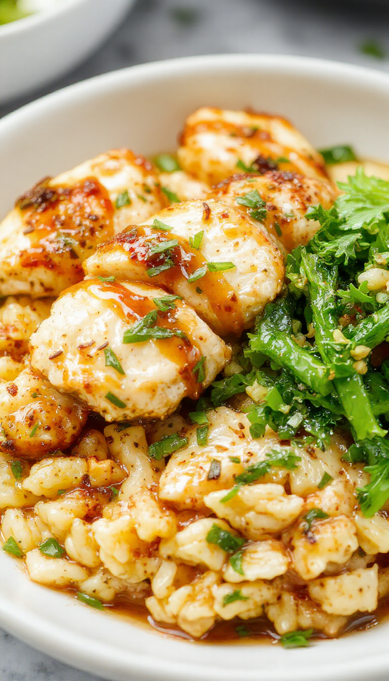 A plate of golden roasted chicken glazed with honey mustard sauce, served alongside fluffy rice and fresh herbs, perfect for a quick weeknight dinner.