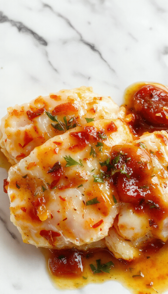 Colorful dish featuring tender tilapia fillets glazed with vibrant roasted red and yellow peppers sauce, beautifully plated with fresh herbs on a rustic wooden table, highlighting the glossy sauce and flaky fish textures with a hint of citrus garnish.