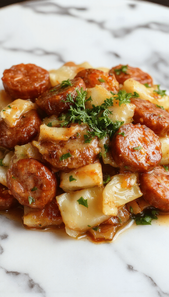Colorful sausage and shredded cabbage stir fry artfully plated on a white dish, vibrant greens and rich browned sausage slices contrasted beautifully, garnished with fresh herbs, glossy sauce coating ingredients, set on a rustic wooden table with natural lighting.