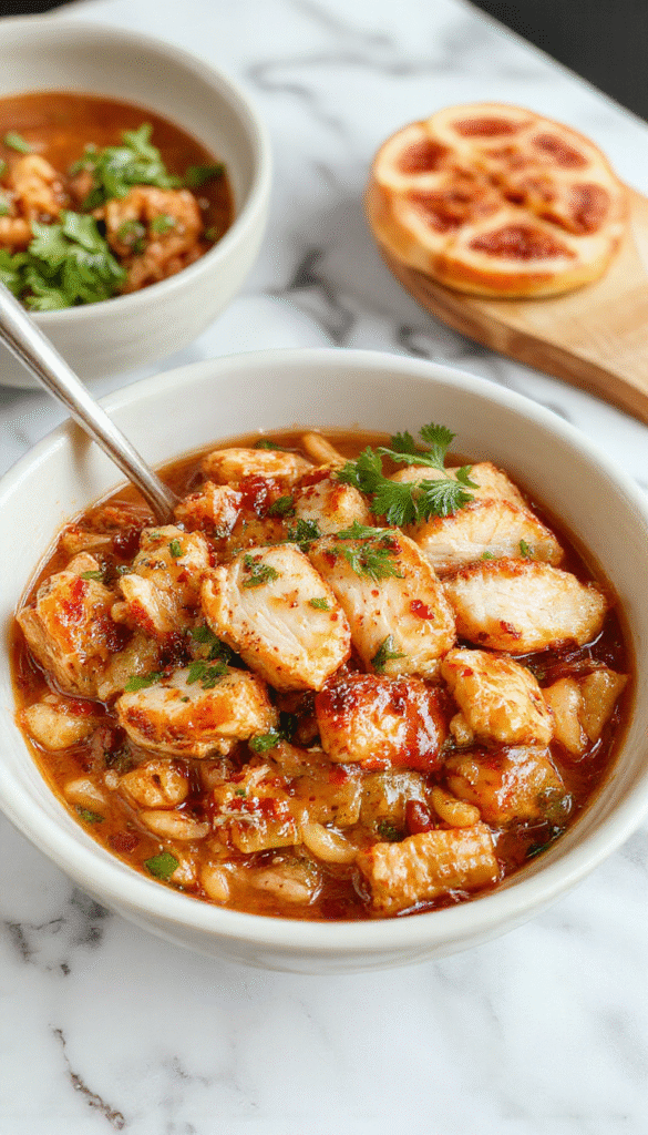 Colorful chicken ramen stir fry served in a wide bowl highlighting tender chicken slices, vibrant green vegetables, and curly ramen noodles coated in a savory sauce, with a sprinkle of sesame seeds and chopped scallions on top, styled on a rustic wooden table