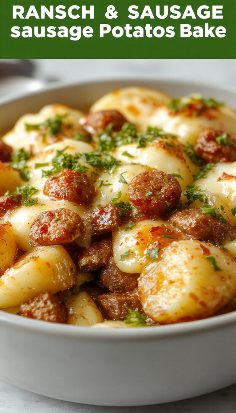 A comforting Ranch & Sausage Potato Bake served in a baking dish, topped with melted cheese and fresh herbs, surrounded by sliced potatoes and cooked sausage pieces.