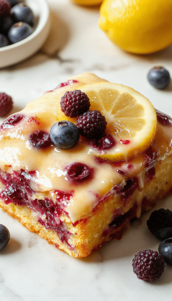A vibrant slice of lemon blueberry cake with a light lemon glaze drizzled over the top. The cake is decorated with fresh blueberries and lemon zest, presented on a rustic white plate with a sprig of mint. The background showcases a soft pastel tablecloth, highlighting the cake's moist texture and colorful fruit toppings, with crumbs and blueberries scattered artistically around for a tempting look.