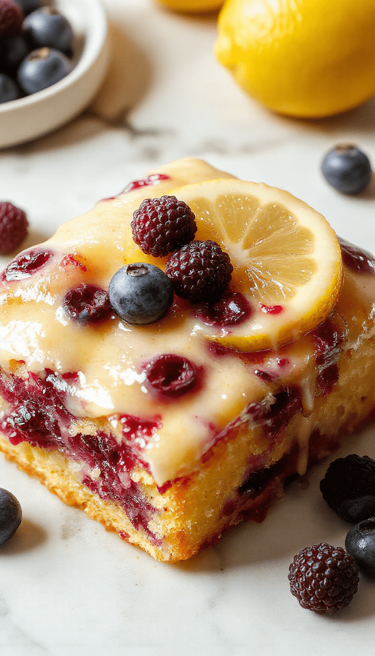 A vibrant slice of lemon blueberry cake with a light lemon glaze drizzled over the top. The cake is decorated with fresh blueberries and lemon zest, presented on a rustic white plate with a sprig of mint. The background showcases a soft pastel tablecloth, highlighting the cake's moist texture and colorful fruit toppings, with crumbs and blueberries scattered artistically around for a tempting look.
