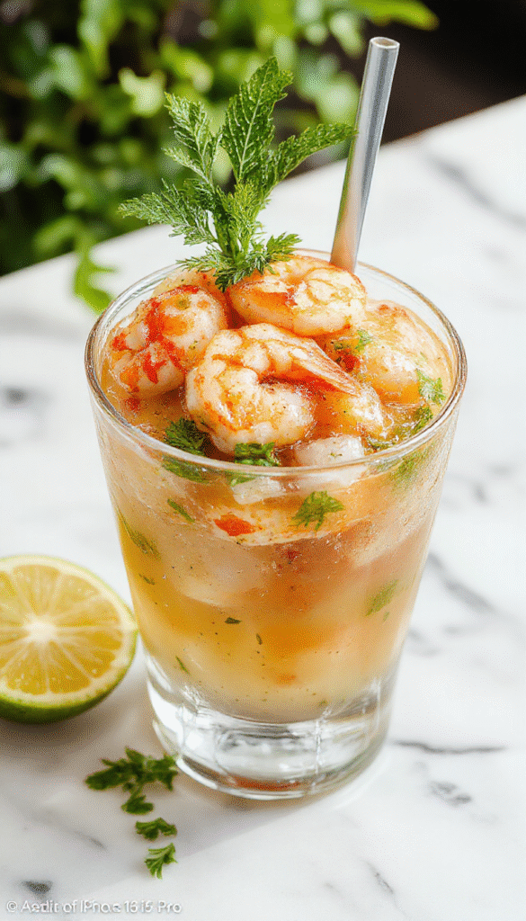 A vibrant plate of Mexican shrimp cocktail featuring plump pink shrimp garnished with fresh lime wedges, diced tomatoes, onions, and cilantro in a clear glass bowl. The colorful ingredients contrast with the bright red cocktail sauce and green herbs, styled casually on a wooden surface with garnishes and condiments around, evoking freshness and zest.