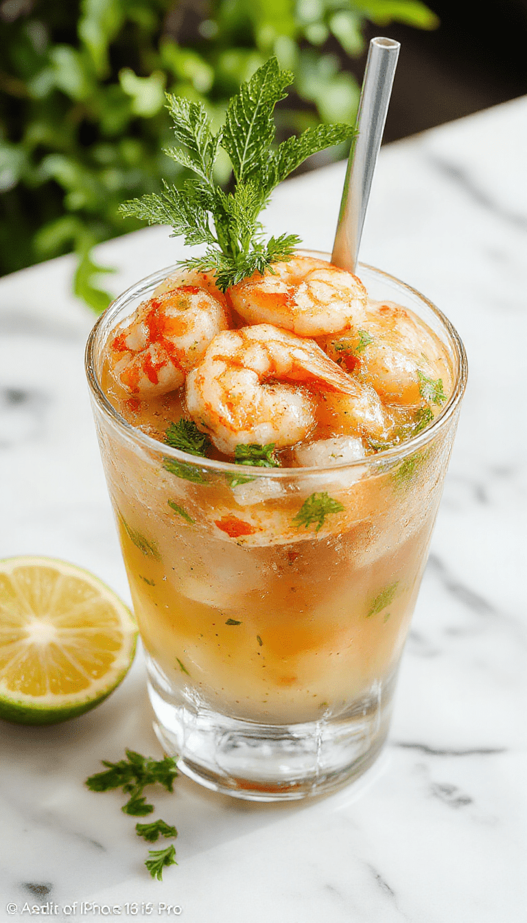 A vibrant plate of Mexican shrimp cocktail featuring plump pink shrimp garnished with fresh lime wedges, diced tomatoes, onions, and cilantro in a clear glass bowl. The colorful ingredients contrast with the bright red cocktail sauce and green herbs, styled casually on a wooden surface with garnishes and condiments around, evoking freshness and zest.