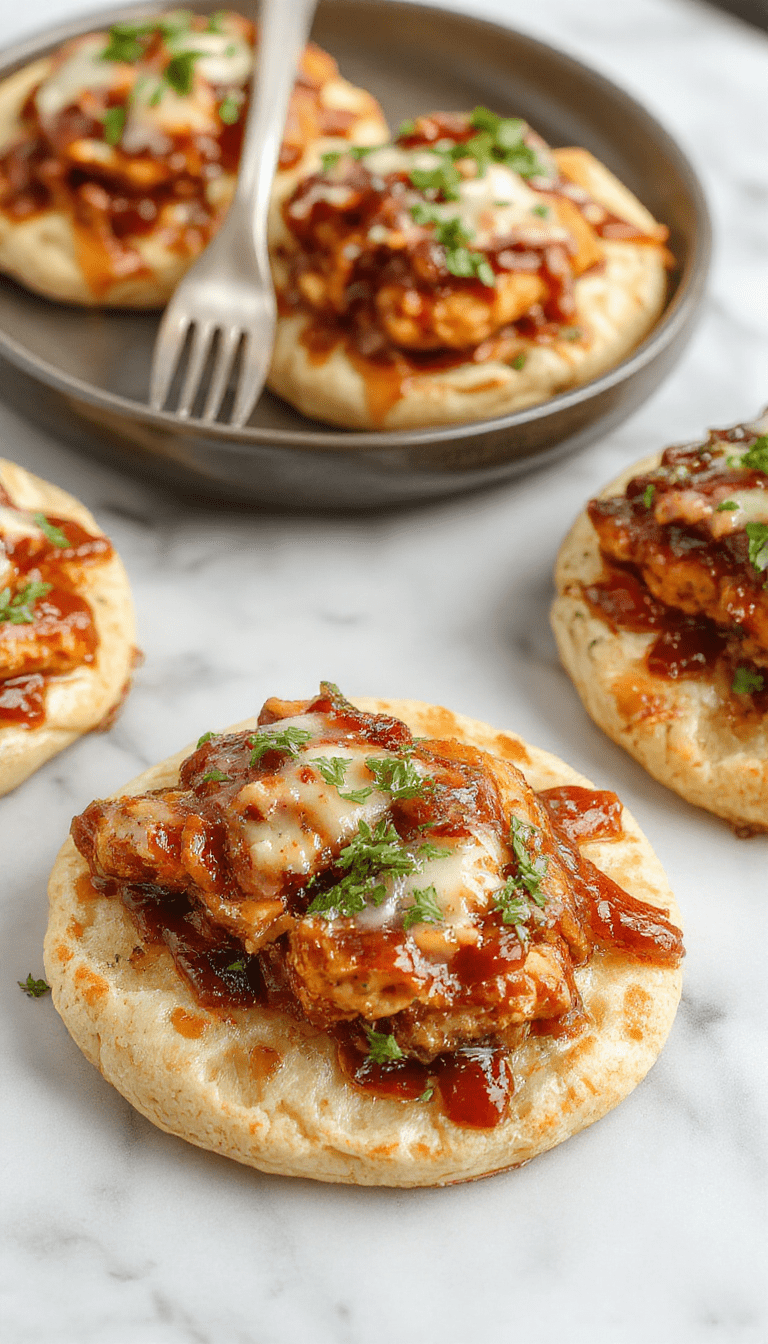A vibrant flatbread topped with shredded BBQ chicken, melted cheese, and fresh cilantro, served on a rustic wooden board with a side of coleslaw. The flatbread has a crispy golden crust with smoky BBQ sauce visible beneath the toppings, garnished with chopped green onions and cilantro, inviting for a casual dinner or appetizer.