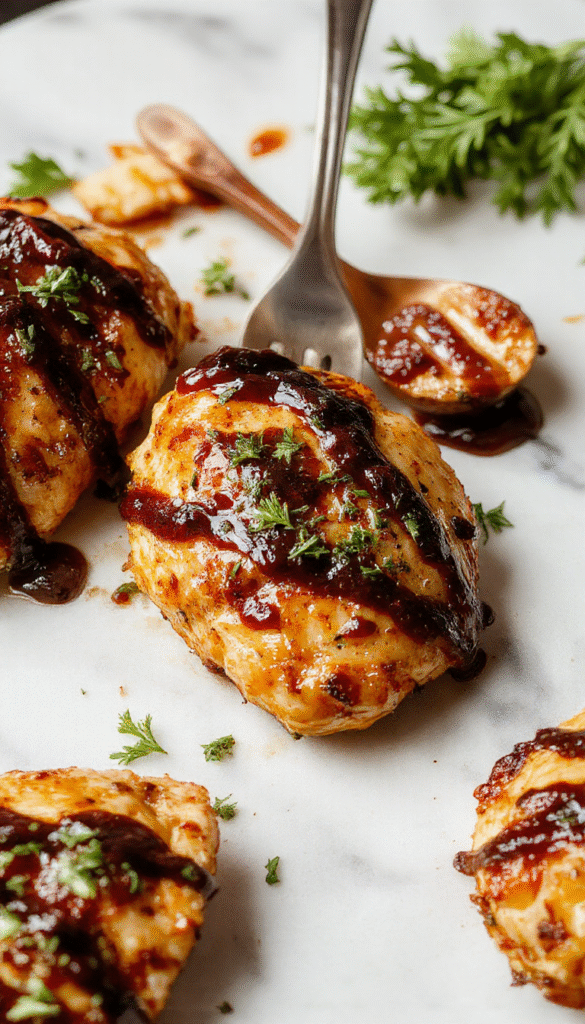 A vibrant plated dish featuring golden-brown chicken breasts glazed with deep balsamic sauce, garnished with fresh herbs and roasted vegetables on a rustic wooden table