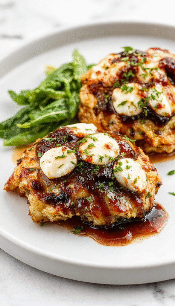 A close-up of a beautifully plated baked chicken breast topped with melted mozzarella cheese, drizzled with dark balsamic glaze, garnished with fresh herbs, and served on a white plate against a rustic wooden background, with vibrant colors and a glistening, tender texture.