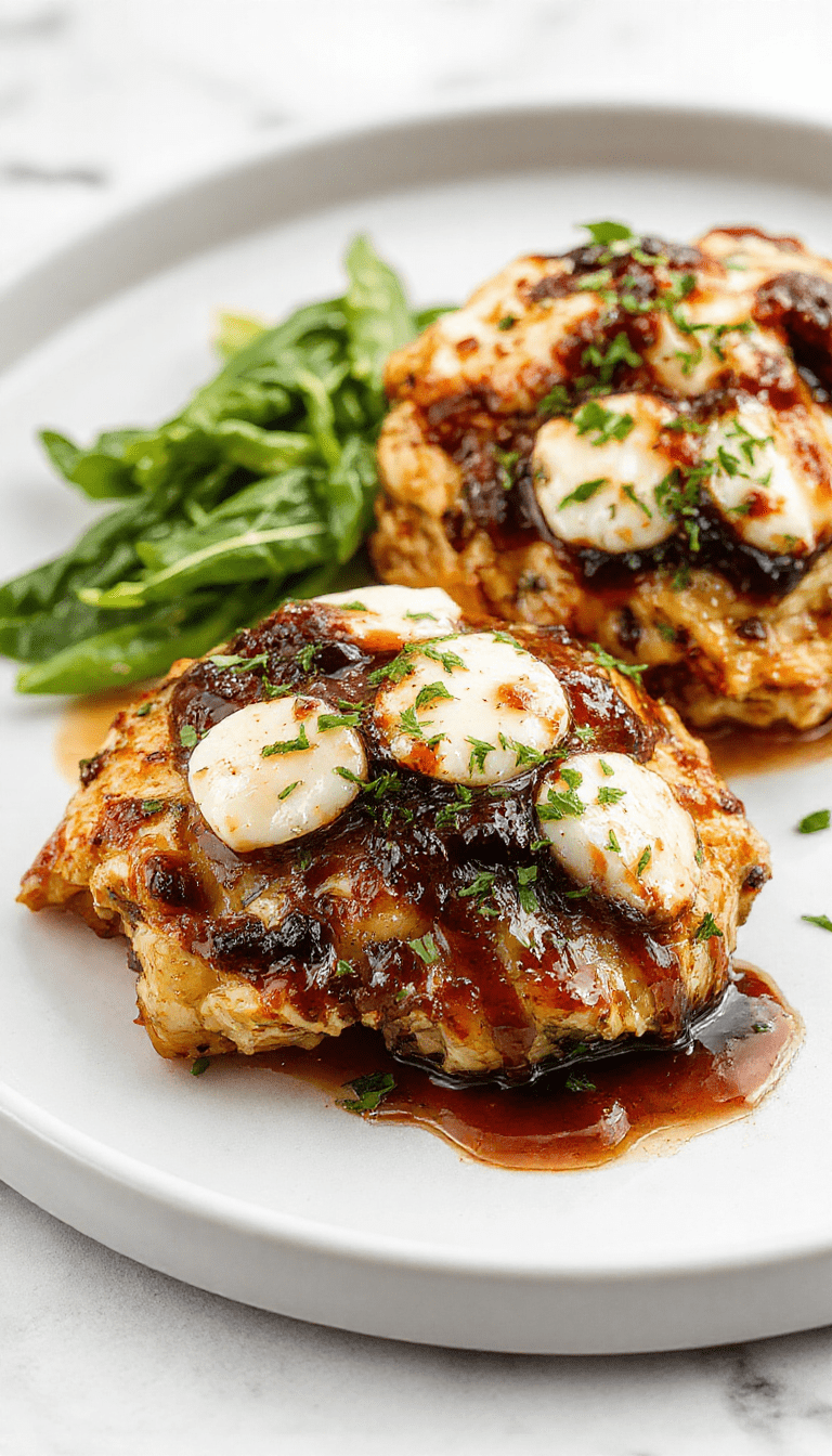 A close-up of a beautifully plated baked chicken breast topped with melted mozzarella cheese, drizzled with dark balsamic glaze, garnished with fresh herbs, and served on a white plate against a rustic wooden background, with vibrant colors and a glistening, tender texture.