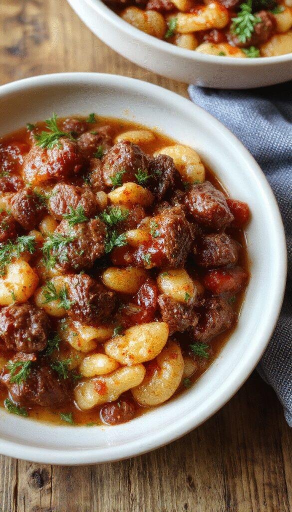 A close-up of a savory beef and orzo bake topped with melted cheese, served in a rustic baking dish with fresh herbs.