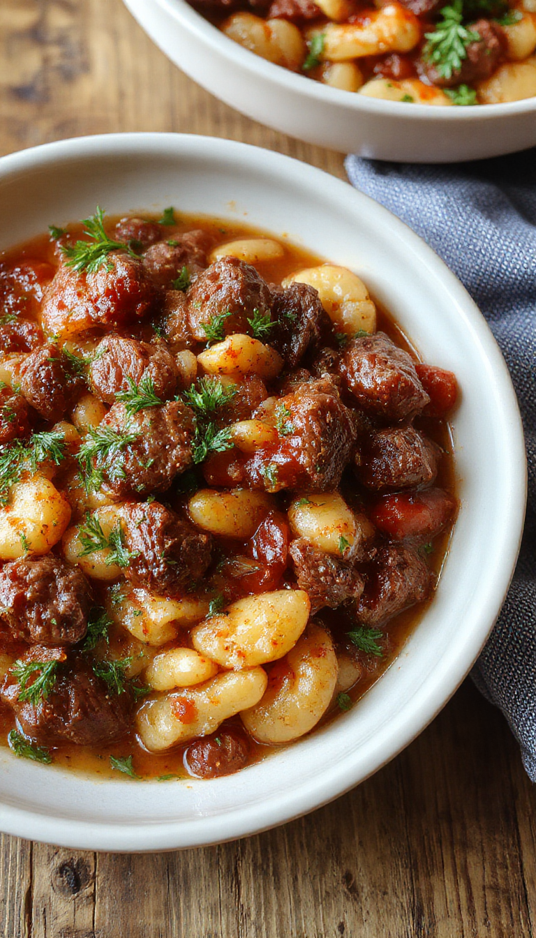 A close-up of a savory beef and orzo bake topped with melted cheese, served in a rustic baking dish with fresh herbs.
