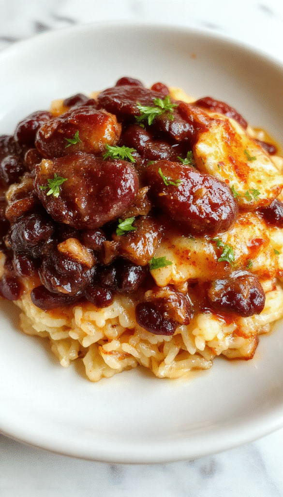 A vibrant plate featuring fluffy white rice topped with hearty black beans and slices of juicy sausage, garnished with fresh herbs and colorful vegetables, styled on a rustic wooden table with vibrant color contrasts and appealing textures.