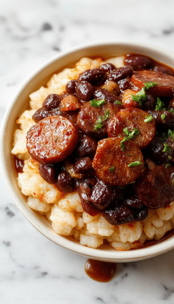 Colorful plate featuring fluffy white rice topped with rich black beans and sliced golden-brown sausage, garnished with fresh herbs, styled in a rustic setting with a vibrant, appetizing presentation, showcasing textures of beans, rice, and sausage with a glossy finish.
