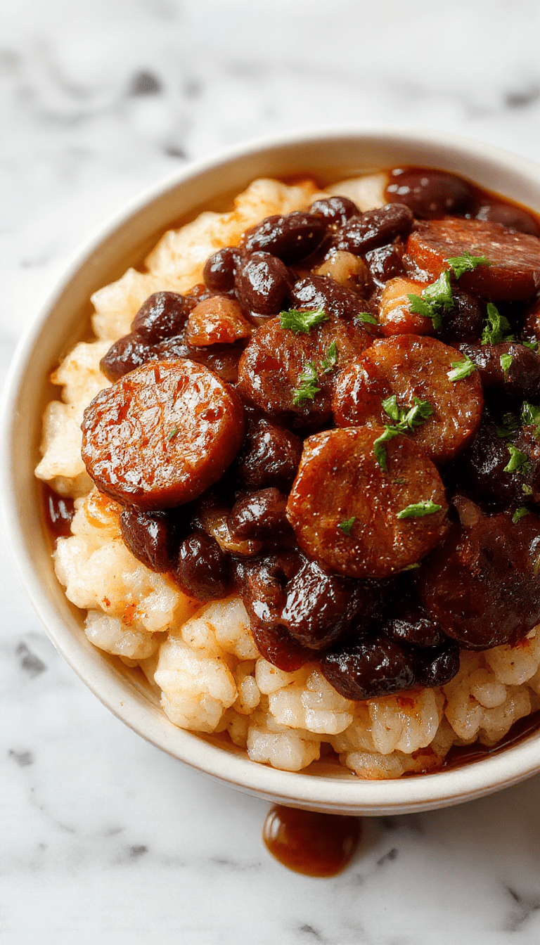 Colorful plate featuring fluffy white rice topped with rich black beans and sliced golden-brown sausage, garnished with fresh herbs, styled in a rustic setting with a vibrant, appetizing presentation, showcasing textures of beans, rice, and sausage with a glossy finish.
