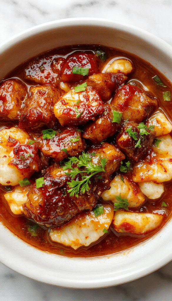 A vibrant plate featuring caramelized soy chicken pieces with a glossy glaze, surrounded by aromatic garlic and ginger broth, served over fluffy white rice, garnished with green herbs, styled on a rustic wooden table with fresh ingredients in the background.
