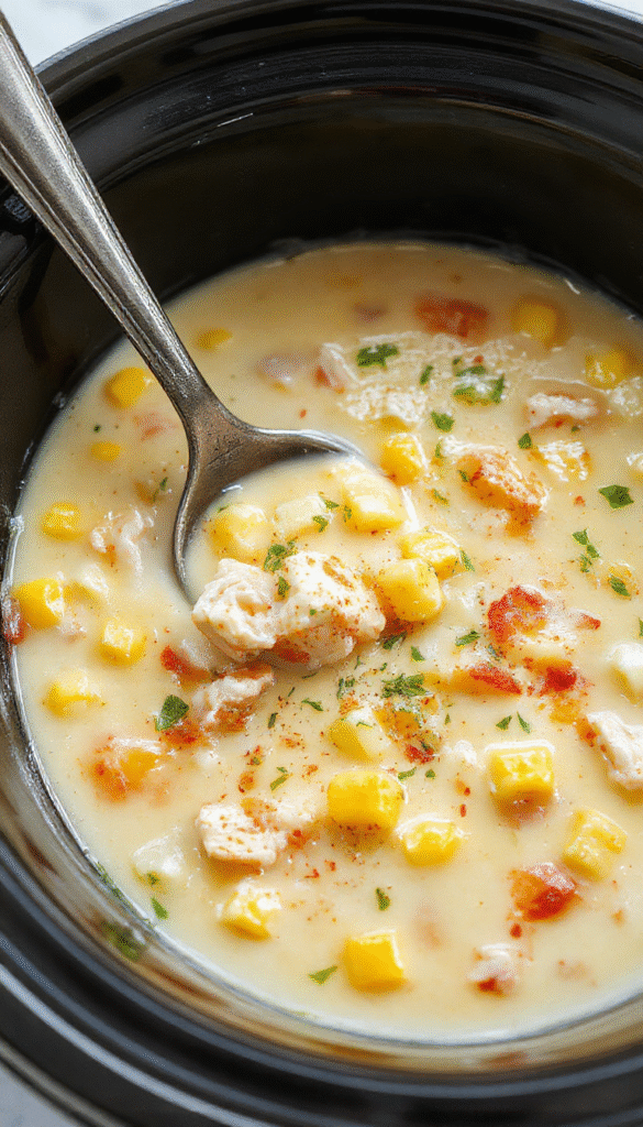 A steaming bowl of creamy chicken corn chowder garnished with fresh herbs, surrounded by corn kernels, shredded chicken, and a sprig of thyme on a rustic wooden table, highlighting its rich texture and vibrant yellow corn color with a creamy white broth.