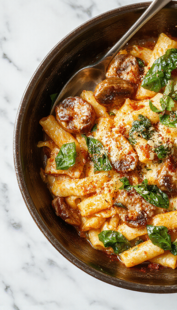 A vibrant plate of Parmesan spinach mushroom pasta skillet featuring al dente pasta topped with fresh spinach, sautéed mushrooms, and a golden Parmesan cheese crust. The dish is served on a rustic wooden table with a sprinkle of herbs, showcasing rich textures, creamy sauce, and colorful ingredients.