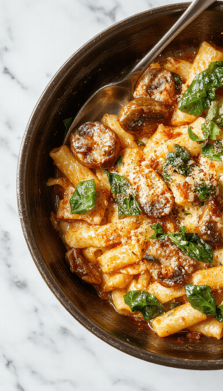 A vibrant plate of Parmesan spinach mushroom pasta skillet featuring al dente pasta topped with fresh spinach, sautéed mushrooms, and a golden Parmesan cheese crust. The dish is served on a rustic wooden table with a sprinkle of herbs, showcasing rich textures, creamy sauce, and colorful ingredients.