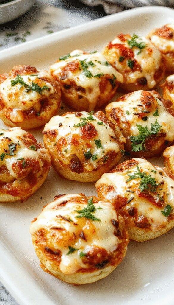 Close-up of golden, crispy savory pizza bites topped with melted cheese and herbs, arranged on a serving platter.