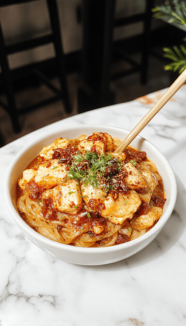 A vibrant plate of sticky garlic chicken noodles featuring tender chicken pieces generously coated in a glossy garlic sauce, topped with sliced green onions and sesame seeds, served on a sleek white dish with chopsticks resting on the side, colors rich in golden browns, fresh greens, and shiny sauce textures.