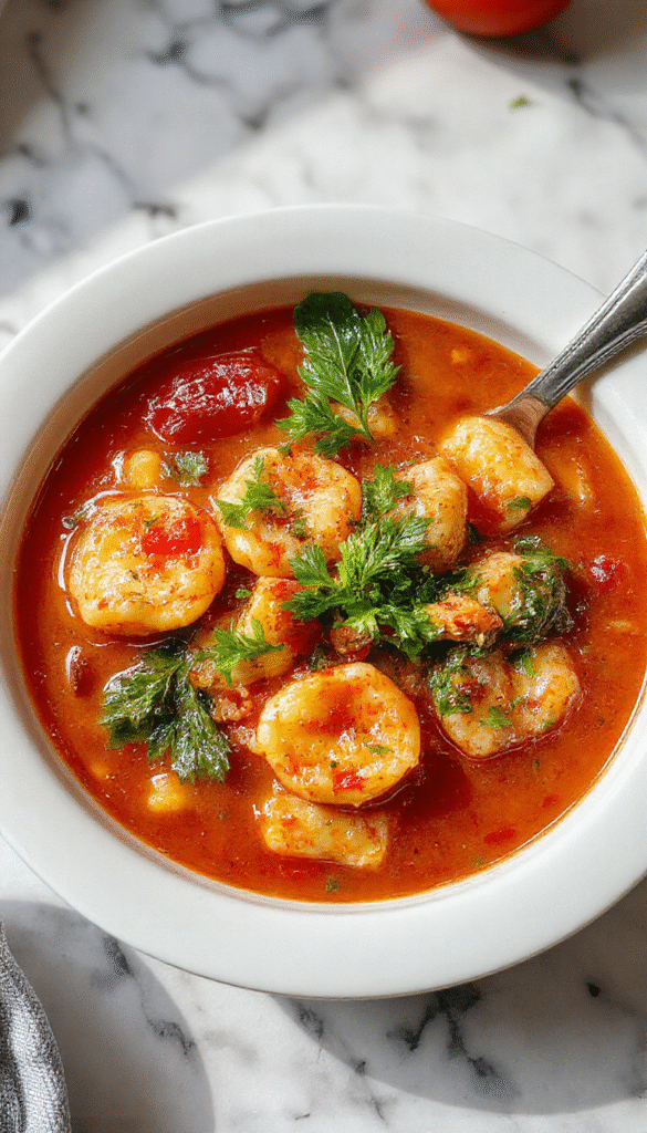 A warm bowl of tomato tortellini soup featuring vibrant red broth, plump tortellini, chopped fresh basil and parsley, topped with grated cheese, styled on a rustic white plate with a sprig of herbs and a crusty bread side