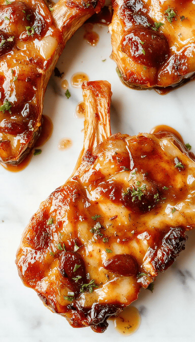 A close-up shot of juicy pork chops glazed with brown sugar sauce, resting on a rustic wooden plate. The pork chops are golden brown with caramelized edges, topped with a sprinkle of chopped herbs. The background features a softly blurred kitchen setting with a hint of fresh ingredients like garlic and herbs, creating a warm and inviting atmosphere.