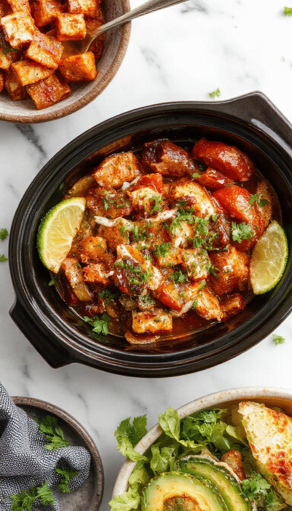 Colorful crockpot fajitas featuring tender strips of beef and vibrant bell peppers and onions, served on a rustic plate with fresh cilantro, lime wedges, and warm tortillas, textured vegetables and juicy meat creating an inviting dish with bright and appetizing presentation.