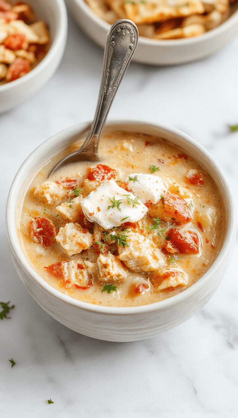 A vibrant bowl of white chicken chili topped with melted cream cheese and fresh cilantro, surrounded by colorful ingredients like corn, beans, and shredded chicken, styled on a rustic wooden table with a cozy fall background.