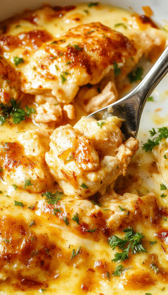 A vibrant casserole dish featuring tender shredded chicken, melted cheese, and green vegetables, garnished with fresh herbs on a rustic wooden table