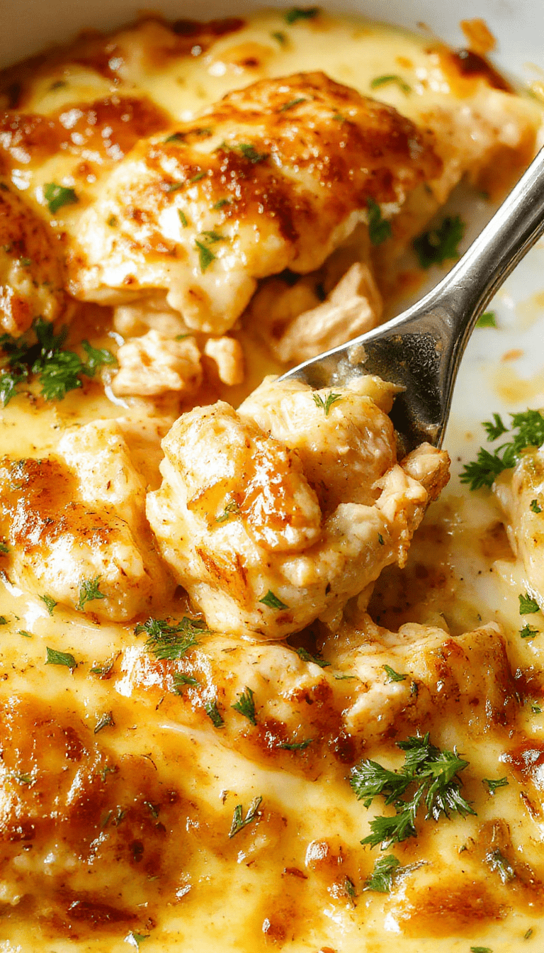 A vibrant casserole dish featuring tender shredded chicken, melted cheese, and green vegetables, garnished with fresh herbs on a rustic wooden table