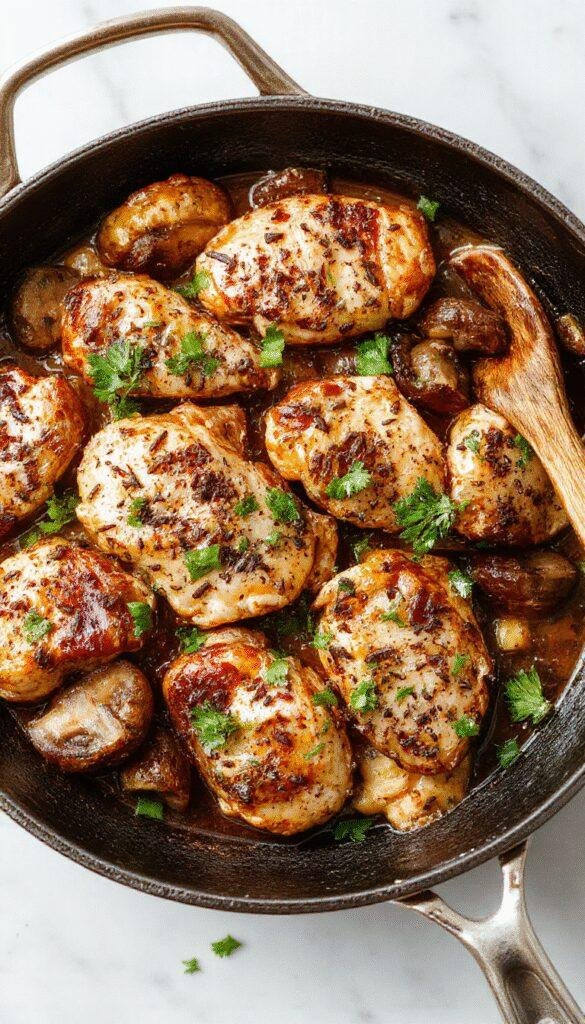 A sizzling skillet featuring tender black pepper chicken surrounded by sautéed mushrooms and fresh herbs, steam rising from the hot dish.
