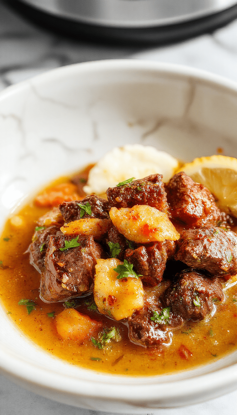 A vibrant bowl of beef coconut curry featuring tender beef chunks, golden coconut sauce, and colorful vegetables, garnished with fresh herbs and served on a rustic wooden table with side garnishes.